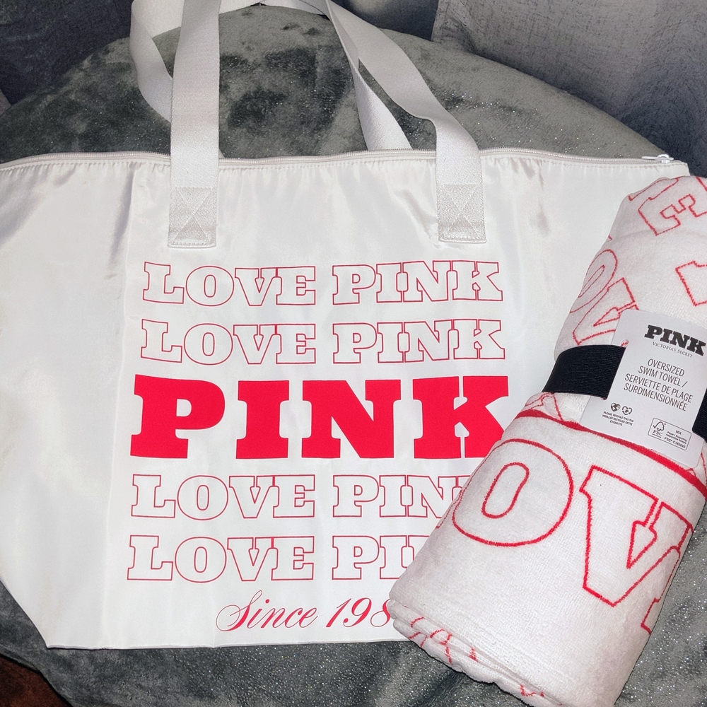 PINK Victoria's Secret White Tote with Bold Hot Pink Logo